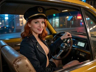 A highly detailed, photorealistic cinematic interior of a classic New York City yellow taxi at night, viewpoint from the rear passenger seat looking forward toward the driver through the transparent partition glass, authentic vintage taxi interior with worn vinyl seats, dashboard lights, meter, steering wheel, reflections of Manhattan streetlights and neon signs shimmering across the glass, the driver is an exceptionally attractive adult redhead woman, 25 years old, wearing a vintage taxi driver cap and a fitted dark jacket, deep green eyes, feminine slim figure with a small bust, her jacket slightly open over a low cut top with a deep elegant neckline, she has turned her upper body around toward the passenger behind her, one hand still resting naturally near the steering wheel, warm direct eye contact, relaxed confident posture, playful welcoming smile, subtly seductive and charming expression, detailed natural skin texture, individual eyelashes, realistic lips, fine facial detail, soft highlights on her cheekbones, strands of hair escaping beneath the cap, intimate close interior atmosphere, warm dashboard illumination mixed with cool blue and amber city light entering through the windows, shallow depth of field, realistic reflections and slight imperfections in the partition glass, strong cinematic contrast, deep blacks, subtle analog film grain, premium full frame photography, 35 mm lens, extremely high micro detail, natural proportions, authentic New York taxi ambience
