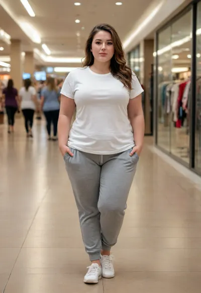 A photorealistic cinematic scene of a 25-year-old adult woman with a beautiful, naturally curvy and plump figure, standing casually inside a modern city shopping mall. She is wearing comfortable jogger pants and an oversized casual T-shirt. She has a natural, friendly appearance and a relaxed, candid expression. Her clothing falls naturally over her body with realistic folds and fabric texture, preserving her natural body shape. Modern mall interior, shops and storefronts in the background, polished floor, soft indoor lighting, realistic reflections, natural skin texture, realistic fabric physics, candid photography, full-body composition, natural proportions, high detail, photorealistic. Her clothing falls naturally over her body with realistic folds and fabric texture, preserving her natural body shape, plump, skindentation, chubby, bbw, venus, body, big, breasts, ass, <lora:Chubby BBW - XL:1.7>