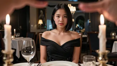 Smartphone photo, POV, short and petite 18yo asian woman, asian, nerdy, no makeup, sitting across from me at an elegant upscale restaurant, fully clothed in a sophisticated black evening dress, natural face, shy and nervous soft smile, candlelight, evening, candid, first date, front view, iPhone photo