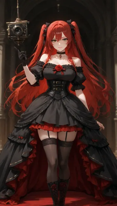 A stunning anime girl with long flowing crimson-red hair cascading behind her, a large red rose and black ribbon in her hair, bright green eyes, highly detailed face, intricate facial features, large detailed green eyes with catchlights and defined eyelashes, delicate nose and lips, subtle blush, refined facial structure, sharp focus on the face, beautiful detailed skin, and a confident slight smile. She wears a white off-shoulder blouse, with puffy ruffled sleeves and red ribbon bows, a black laced underbust corset decorated with red roses and dangling gold chains, a black high-low gothic skirt with a vivid red underside, black garter straps, sheer black thigh-high stockings, and black lace-up boots. A black choker is around her neck.
walking head held high, right arm forward, hand reaching toward camera, <lora:victorian_dress-XL-2.0:1>, <lora:Fiona-000009:.8>