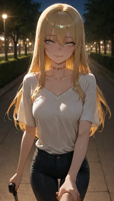 Female, long hair, small boobs, golden hair, very frail, skinny body, wearing white t shit and black denim pants, huge scar on neck, white coloured eyes, blind, holding viewer hand, smiling, walking with viewer, walking cane in another hand, at night, in public, in park, dim lights, pov, solo, no sex