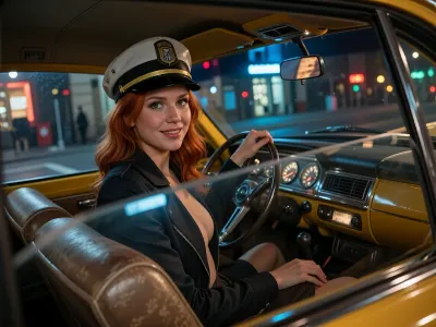 A highly detailed, photorealistic cinematic interior of a classic New York City yellow taxi at night, viewpoint from the rear passenger seat looking forward toward the driver through the transparent partition glass, authentic vintage taxi interior with worn vinyl seats, dashboard lights, meter, steering wheel, reflections of Manhattan streetlights and neon signs shimmering across the glass, the driver is an exceptionally attractive adult redhead woman, 25 years old, wearing a vintage taxi driver cap and a fitted dark jacket, deep green eyes, feminine slim figure with a small bust, her jacket slightly open over a low cut top with a deep elegant neckline, she has turned her upper body around toward the passenger behind her, one hand still resting naturally near the steering wheel, warm direct eye contact, relaxed confident posture, playful welcoming smile, subtly seductive and charming expression, detailed natural skin texture, individual eyelashes, realistic lips, fine facial detail, soft highlights on her cheekbones, strands of hair escaping beneath the cap, intimate close interior atmosphere, warm dashboard illumination mixed with cool blue and amber city light entering through the windows, shallow depth of field, realistic reflections and slight imperfections in the partition glass, strong cinematic contrast, deep blacks, subtle analog film grain, premium full frame photography, 35 mm lens, extremely high micro detail, natural proportions, authentic New York taxi ambience