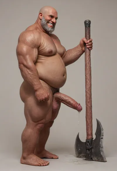 (((No background))), ((Full body, 3/4 profile view)), ((a nude muscular obese man with a axe in his right hand, ((tanned skin:1.79)), ((Small body:.9)), evil grin, bald, wrinkled, short grey beard, ((high erect thick veined cock, cum dripping)))), <lora:xpenis-1.5e:1.4>, <lora:detailed_notrigger:1.3>