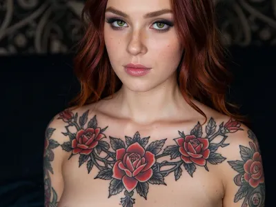 (A tattoo artist's portfolio portrait of a goth redhead woman showcasing an intricate full-coverage chest tattoo of red roses and thorns and black lace), (She is a perfect example of non-conventional beauty with facial features composed of sharp strong angles, deep green eyes)