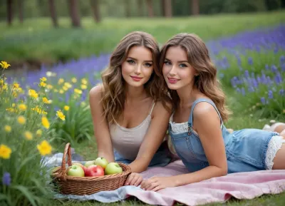 two girls having a picnic on a flower‑filled meadow beside a quiet river, soft morning mist hovers over the water, blurring the far banks and adding a touch of mystery to the scene. One wears a delicate pale‑pink sundress with lace trim and white sneakers, her hair in a loose braid. The other is in a light‑blue linen shirt over a tank top, denim shorts, and patterned socks, her hair gently tousled by the breeze. Nearby, there’s a wicker basket, a thermos, a folded blanket, and a couple of apples. Around them&nbsp;—&nbsp;a carpet of buttercups and bluebells, fine blades of grass glistening with dew. Focus on their faces, soft features, bright eyes, a subtle smile, conveying calmness and closeness. Style&nbsp;—&nbsp;realistic, pastel palette with warm golden highlights peeking through the mist, highly detailed textures, cinematic composition., but, green, eyes, blue, brown, perfecteyes, <lora:BUT_SDXL_SHS:1.7>, <lora:attractive_notrigger:1.5>, <lora:PerfectEyesXL:1.4>