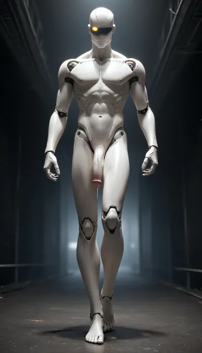 a male robot, robot, humanoid, (white plastic skin:1.3), synthetic, with mechanical joints, (curved penis:1), flaccid penis, white plastic penis. robot is athletic, anatomically correct, tall, (slender, thin:1.3), handsome sexy. provocative cruel smile. normal size penis. In a dark tunnel., (Walking towards the camera:1.3), . Looking down at the viewer. Penis is dripping precum. Not muscular. robotic head. Robotic joints. Spread legs. Robot head, led eyes. Seen from below. Smooth body. Full body view. Barefoot. Menacing.