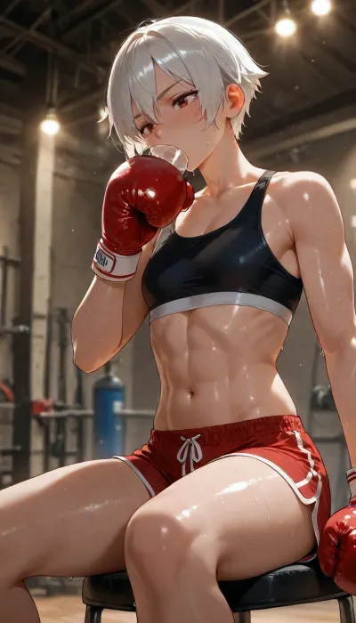 Female, tomboy, short hair, sliver hair, flat chest, sweating hard, sweat dripping, wearing black sports bra and red shorts, wearing boxing gloves, muscles, abs, in gym, sitting on stool, drinking water, at night, dim lights, solo, no sex