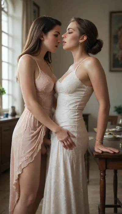 stands and jerks off, cums on the dress that is on the table, (cumshot on dress), face full of orgasm, (futanari), futa, girl, penetration, standing sex