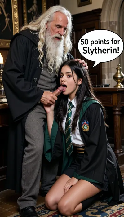 Ultra realistic photo of a Slytherin gorgeous attractive small extremely voluptuous female student, de 15 anos de idade, perfect body, brunette, long black hair, messy straight hair, ela está vestida com a roupa cute de aluna da Slytherin from Hogwarts de Harry Potter. The tall old wizard with long white beard and long white hair is standing up at her side. Ela está kneeling she is lickingjob an old wizard's small cock. At Dumbledore's room at Hogwarts. Full body view.
The old wizard is doing a orgasm face, he is laughing as he is saying on the dialog bubble "50 points for Slytherin!". He is pulling the girl's head close to his cock.