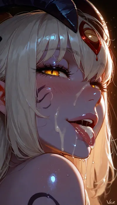 1girl, alipheese XVI fateburn, lamia with purple skin, ______1girl, smiling, naked shoulders, side view, head focus, detailed face, big innocent eyes, looking at viewer, naughty face, blushing, dark background, (incase:.8), masterwork, masterpiece, best quality, high detailed, light through hair, very aesthetic, 8k, cum on face, tongue out. Cum on tongue, dripping cum. cum dripping from face, flash on the girl., backlight, edge lighting. 1girl, solo, bangs, eye, focus, close-up, sparkle, looking, at, viewer, glowing, eyelashes, <lora:MJ52:1.7>, <lora:Jeweled eyes-NAI:2>, <lora:BUT_SDXL_SHS:2>, <lora:attractive_notrigger:1.4>