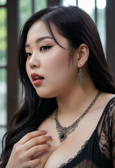 Melissa, a 20-year-old chubby Korean model woman, black natural big lips, long straight hair, black hair, gothic style, oversized fat boobs, sweating and completely soaked, with filigree silver jewellery, side view