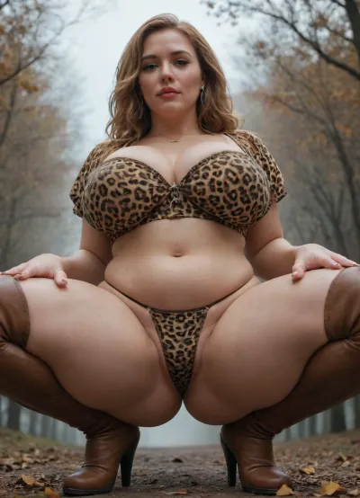 View from below, 55 year old, (milf:1), clothed, shoulder length strawberry blond hair, leopard print blouse, leather miniskirt, brown leather thigh high boots, squatting to show her panties, plump, (big breasts), (big ass), in a foggy autumn woodland, <lora:Chubby BBW - XL:1.2>, <lora:TG_Body_XL:.8>