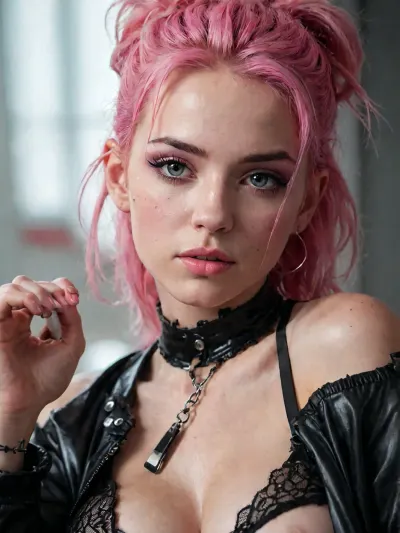 21 years old beautiful, stunning unique female character wet punk, pink hair, close-up portrait, black lingerie, ziprealism, t1hal, <lora:t1hal:.5>