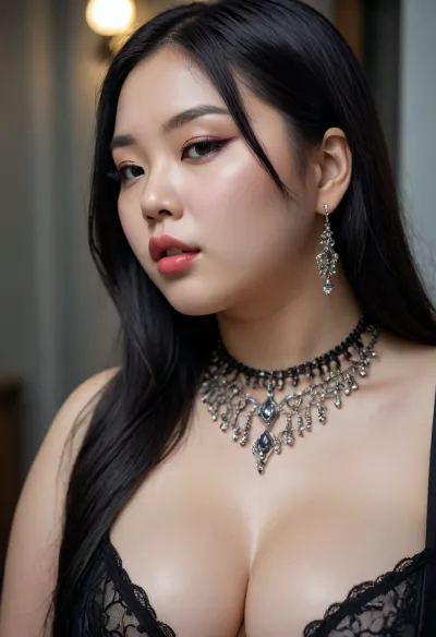 Melissa, a 20-year-old chubby Korean model woman, black natural big lips, long straight hair, black hair, gothic style, oversized fat boobs, sweating and completely soaked, with filigree silver jewellery, side view