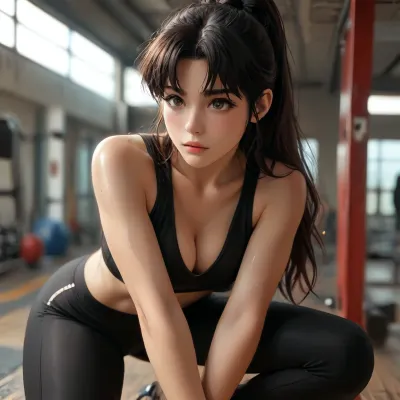 rin tohsaka from fate zero dross style reiq, (masterpiece, best quality, ultra-detailed:1.3), full body shot of an extremely beautiful young woman, 30s, athletic build, taking a break from her workout in a dimly lit, industrial-style gym. She is leaning forward, hands on her knees, catching her breath. She looks directly at the camera with a wide, breathless, and incredibly seductive smile, her mouth slightly open revealing perfect white teeth. Her large, hazel eyes are wide and sparkling with energy. Her face is flushed and covered in a thin layer of glistening sweat. Her dark brown hair is pulled back into a messy, high ponytail, with several loose strands sensually clinging to her sweaty face and neck. She's wearing a tight, low-cut black sports bra that barely contains her large, round tits, pushing them together to create a deep, tantalizing cleavage that spills out from the top. The sweat makes her chest and cleavage shine under the gym's warm lighting, highlighting the soft, supple skin of her tits. Her toned, muscular arms and shoulders are also slick with sweat. She wears tight black yoga pants that hug her hips. The background is a gym with out-of-focus weight racks, a cable machine, and large windows. The lighting is dramatic, casting soft shadows that accentuate her toned physique and the explicit display of her cleavage. shallow depth of field, sharp focus, cinematic lighting., large, breasts, big, boobs, huge, tits, <lora:MJ52:.8>, <lora:bombshell_v2:.5>, Moebius, (Jean, Giraud), Style, page, <lora:Moebius (Jean Giraud) Style:.8>, lineart, line, art, flat, colors, color, <lora:lineartSDXL:.8>