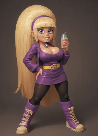 Solo, (Jack Cayless art style), (Pacifica Northwest from Gravity Falls:2), Pacifica has long beach blonde hair with bell-shaped bangs and dark blue eyes. Pacifica usually wears a purple jacket with a short lavender dress, a periwinkle belt, and black leggings with off-white boots. She wears heavy purple eyeshadow and lavender hoop earrings., (young busty thick hourglass figure:1.6), thick thighs, thick hips, slutty, seductive, seductive confident pinup pose