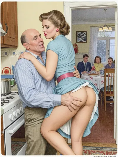 This is a detailed colors pencils drawing in a classical illustrative style depicts a scene set in USSR in 1960s, colorful colors, Beautiful elegant hairstyle woman 30 yo with hourglass figure and seductive face, (wide hips), wearing in unbuttons at the chest light blue dress, fully clothed in shirt and trousers old man hugs her and lifts up the hems of her dress Above her waist, a bald old man in Soviet apartment kitchen who roughly and imperiously paws her butt by his fingers, slutty smile, ((her pulled down white panties and buttoms are visible under hem of her dress)), the Soviet apartment with festive tableis with people sitting at the table visible through the open kitchen door, rear view.The overall mood is intense, rendered in fine, expressive line work and subtle shading, evoking the style of 1950s satirical or moralistic illustrations.