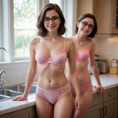 ultrarealistic, uhd, epic details, 8k, masterpiece, high contrast, 20yo, cute, realistic body, brunette, small chested, modern haircut, glasses, perfect face, smile face, pink panties and bra bra, cameltoe, posing with her young step brother, in front of sink, in kitchen