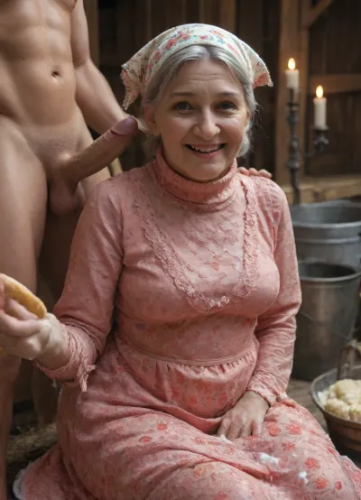 (Obese granny:1.2), granny very old, wrinkles, cute face, happy, smiling, (granny turtleneck modest victorian age woman dress:1.3), frills, head scarf, perfect teeth, gray hair, sitting, pleased, admiring man abdomen and penis., (fit man abdomen:1.4), standing, (((soap on man))), flaccid penis visible. Farm, barn, ((bucket with soap)), towel, nighttime, candlelight., ((((granny cuddle to man abdomen)))), holding hand on man, . Close-up on granny face, granny soap man thigh with big yellow sponge, having fun