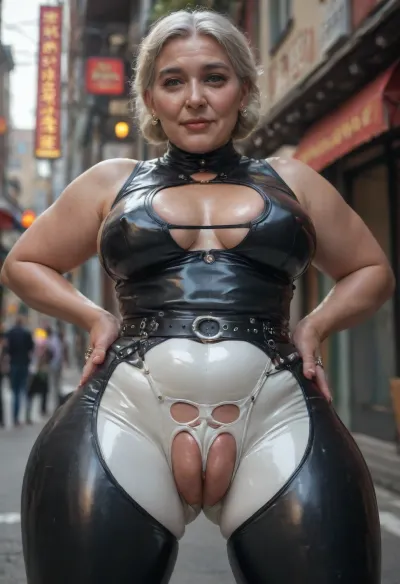 Chinese baddie ssbbw granny, casually dressed in street clothes, (crotchless clothes:1.2), (leather belt, leather straps), (black leggings:1.3), thin waist, (white tight g-string:1.1), (leather pussy ring:1.1), (big labia cameltoe:1.4), (oiled glossyshiny skin:1.17), .