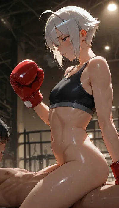 Female, tomboy, short hair, sliver hair, flat chest, sweating hard, sweat dripping, wearing black sports bra, wearing boxing gloves, muscles, abs, in gym, at night, dim lights, cowgirl position, normal cock, short boy, shy boy, cock in pussy, side view