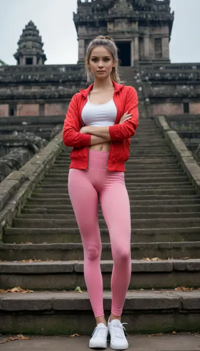 Documentary photography, overcast diffused light, shot on Leica Hasselblad X2D, in the style of Craig Davison. A slender, alluring 20-year-old supermodel with a ponytail stands facing the camera on a set of steps leading up a Angkor Vat castle. She has fair skin and is wearing a rose-red zip-up outdoor jacket—zipped only halfway to reveal a low-cut white round-neck top and her cleavage—along with tight light patterned athletic leggings and white sneakers. She has full, prominent breasts. She is wearing no makeup, has dark eyes, and is posing with her hands raised behind her head. Clear thigh gap with deep parted cameltoe. Dynamic pose and dynamic angle
