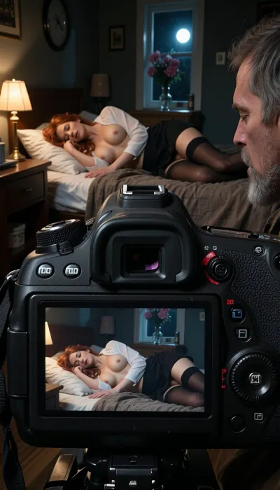 A deeply atmospheric, raw, and highly realistic cinematic photograph. In the immediate foreground, a professional DSLR camera body is positioned, facing toward the room. Its large, glowing rectangular Live View LCD screen is massive, prominent, and highly detailed. ----------------------. The primary camera focus is locked directly on the real-life, Sleeping curvy woman sleeping peacefully on bed in dimly lit bedroom, bedside lamp is on, 1woman, solo, 25 years old, long messy redhead hair, closed eyes, sleeping, lying on her side, skirt pulled up pussy, stockings, open blouse, medium tits, side view nipples, closed mouth, pillow. She is wearing a black skirt and stockings and resting her head on a white pillow. The room is dark with natural moonlight coming through a window, a vase with pink flowers on a side table, and a wall clock visible behind. ------------------------. The composition is a complex double portrait of this woman, her real-life body in the background, (perfectly sharp), contrasting with her simultaneous image displayed in high resolution on the large camera’s Live View screen in the foreground. Both in reality and on the screen, her anatomy, is the clear focal point The surrounding room fades into deep, warm shadows filled with rich textures of unmade bedding and personal items. Captured with subtle film grain, realistic screen pixels, and the evocative mood of a high-end 35mm film still.----------. Dark cinematic lighting. An old man with a grey beard wearing torn ragged dirty old clothes
