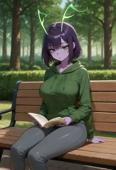 Anthro female, insect girl, green long hoodie and grey pants, purple skin, green eyes, green pupils, long feathery antennas from head, 4 arms, skinny body, tall height, 2 arms behind back, two arms holding book, reading book, in park, in public, sitting on bench, small ass, medium boobs, solo, no sex