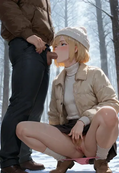 realistic style, one 25 years old girl, skinny, (blonde hair), (side bangs), (small chest), (short hair), (gray winter hat with pompom:1.1), (fair skin), (((freckles))), ((small birthmarks)), in snowy forest, lots of snow, (squatting in front of standing male), fully clothed male, (knees apart), (dusty blue eyes), (eye contact), (looking up), (wearing beige down jacket with fur collar:1.3), (light turtleneck sweater:1.3), (wearing dark winter skirt:1.3), (fingers in pussy:1.3), (fingering), (blonde excessive pubic hair), brown winter boots, (thick white knee-high winter socks), (pink panties down ankles:1.3), (panties pulled down:1.3), (sucking dick), (blowjob:1.3), (penis in mouth), (sucking), aroused, steam coming out of mouth, (steaming pussy), (mouth fuck:1.3), woman, squat, low sunset, <lora:woman_squat_xl_lora-000031:.8>