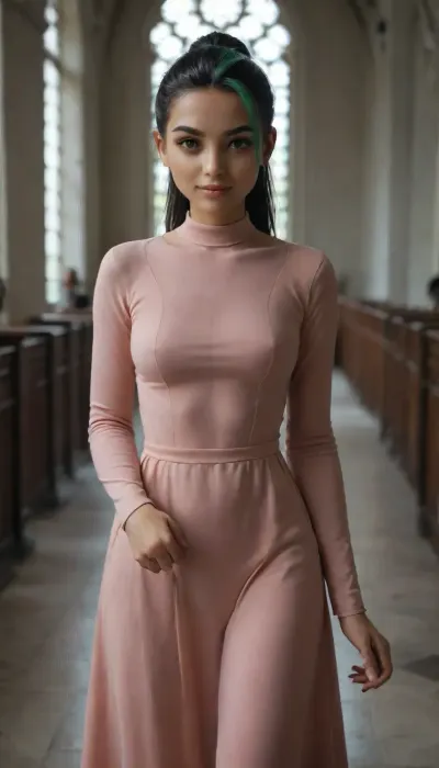 (Nemona from pokemon), masterpiece, highly-detailed, hyper-realistic, score_9, score_8, score_7, realistic details. Innocent church-goer nemona in modest dress. Long sleeve dress, seductive shy smile, glowing hazel eyes