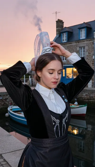 Au premier plan, une jeune femme bretonne de 22 ans, au visage frais encore engourdi par le sommeil et aux yeux clairs plissés par une douce sérénité, se tient debout au milieu du quai en dalles de granite d'un petit port traditionnel du Finistère. De ses deux mains levées aux doigts gracieux, elle réajuste délicatement d'une main les rubans de sa haute coiffe bretonne en dentelle blanche translucide, la kapenn, fixée sur ses cheveux bruns soigneusement tirés en chignon. Elle porte un costume traditionnel du Cap-Sizun composé d'un gilet cintré en velours noir d'une texture mat profonde sur un chemisier en lin blanc au col montant rigide, et d'un tablier en soie sombre brodé au plastron.

Tout autour d'elle, la vie matinale du village s'éveille à peine. La lumière rasante et froide de l'aube, teintée de rose pâle et d'or très clair, rase l'horizon. La brume épaisse du petit matin stagne encore au ras de l'eau calme du port et glisse doucement entre les dalles de granite de la jetée, toutes humides de la rosée nocturne. Un fin ruban de fumée blanche s'échappe verticalement de la cheminée en pierre de l'une des maisons en granite, indiquant le premier feu du jour dans l'air frais et limpide.

Le décor affiche les signes distinctifs des premières minutes du jour, sur le quai totalement désert, une unique boulangère en tablier ouvre le premier volet en bois bleu d'une façade ancienne, laissant filtrer la lumière chaude d'une vitrine éclairée de l'intérieur. En contrebas, l'eau du port reflète les veilleuses encore allumées de deux petites barques de pêche en bois, dont les ponts sont mouillés par le crachin de la nuit. Les fenêtres des toits d'ardoise bleue sont encore sombres, sauf deux ou trois éclairées par une lueur intime d'ampoule intérieure.

La prise de vue est réalisée strictement à hauteur d'yeux avec une focale neutre de 50mm, offrant une perspective naturelle et aérée. La lumière diffuse de l'aube crée de longues ombres portées douces sur le sol mouillé, faisant briller les gouttes d'eau sur la dentelle de la coiffe, la pierre condensée du quai et le bois verni des bateaux. Piqué chirurgical sur les fibres de la dentelle, la vapeur légère du souffle dans l'air frais du matin, la brume marine et les moellons de granite. Rendu couleur Kodachrome authentique, contrastes doux, atmosphère paisible et matinale d'un village qui s'éveille.