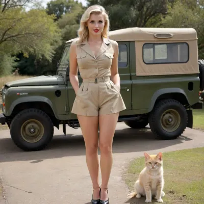 (((1950 pinup style))), painted style, (((standing by a vintage LandRover Defender outdoors))), (((safari dress))), (((1950s safari suit))), pantyless, (((very hairy unshaved blond pussy exposed))), (((unshaved pussy in full view))), no underwear, painted, watercolour, (blonde hair), black lace stockings and garter belt, Caucasian woman, curly messy ponytail, Ad, Americana, Style, vintage, advertisement, retro, 1950's, windyupskirt, photography, Movie, Poster, page, <lora:windyupskirt_SDXL:.5>, <lora:1950s_Photography_XL_V1:.8>, <lora:Movie Poster:1>