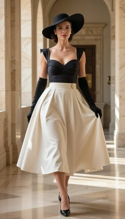 Realistic, 8K, 34yo adult female with luminous porcelain skin and a sculpted hourglass figure, mid-stride in a confident unhurried walk with one foot forward in a pointed black stiletto and the trailing heel lifting off the marble floor, chin lifted with a composed half-smile and a knowing glint in her dark eyes, dark chestnut hair swept into a sleek vintage updo with a few loose tendrils framing her jaw, wearing a pristine structured 1950s haute couture gown with a deep charcoal ruched bodice gathered in tight horizontal pleats across her chest, wide padded architectural shoulder straps, a sharply cinched satin waistband with a small gold buckle, and a full voluminous ivory taffeta A-line skirt swaying with her step in heavy cascading folds catching the light, long black opera gloves reaching past her elbows with fingers relaxed and slightly curled, pointed black stiletto heels with a sharp tapered heel line, a wide-brimmed sculptural black hat with a sweeping swirl brim sitting perfectly on her head and catching the warm light along its edge, a small pearl earring glinting at her earlobe, walking through a grand marble corridor with tall arched windows, warm golden afternoon light streaming in long shafts across the polished floor and catching the ivory taffeta in soft luminous folds, full-body shot from a slight low angle, 85mm prime lens, shallow depth of field with the corridor softly blurred behind her, professional fashion editorial photography, warm amber and ivory tones, subtle 35mm film grain