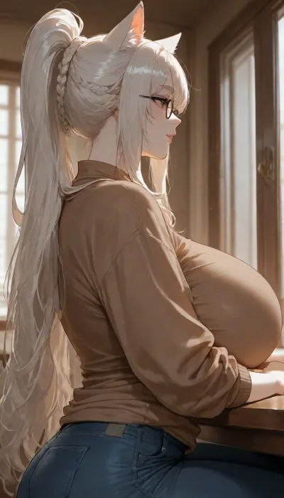 Cat girl, short ears, white skin, huge boobs, wearing black glasses, tall height, long white hair, hair tied in braid, wearing brown shirt and blue denim pants, looking outside, sitting by table, no sex, solo