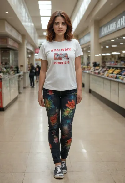 A photorealistic cinematic scene of a 25-year-old adult woman with a beautiful, naturally curvy and plump figure, red hair, going casually inside a modern city shopping mall. She is wearing comfortable jogger pants and an oversized colorful casual T-shirt. She has a natural, friendly appearance and a relaxed, candid expression. Her clothing falls naturally over her body with realistic folds and fabric texture, preserving her natural body shape. Modern mall interior, shops and storefronts in the background, polished floor, soft indoor lighting, realistic reflections, natural skin texture, realistic fabric physics, candid photography, full-body composition, natural proportions, high detail, photorealistic. Her clothing falls naturally over her body with realistic folds and fabric texture, preserving her natural body shape., <lora:Chubby BBW - XL:2>
