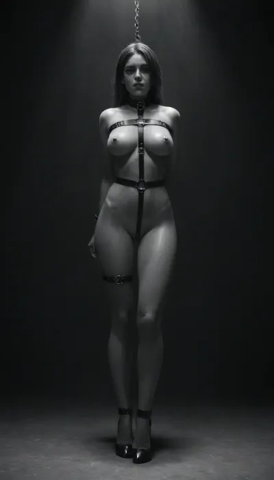 (((black and white, no colors:4))), spotlight from front, 1girl, 25 years old, trained body, blond hair in ponytail, (oiled skin:1.4), (nipples pierced by big steel pins), gagged, big perky breasts, (very slim waist:1.2), collar, bondage straps, suspended, chained, standing, legs spread, ((black high heel Pumps:1.6)), ((bdsm dungeon:1.4))