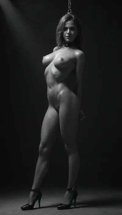 (((black and white, no colors:4))), spotlight from front, 1girl, 25 years old, trained body, blond hair in ponytail, (oiled skin:1.4), (nipples pierced by big steel pins), gagged, big perky breasts, (very slim waist:1.2), collar, bondage straps, suspended, chained, standing, legs spread, ((black high heel Pumps:1.6)), ((bdsm dungeon:1.4))