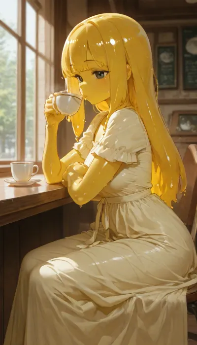 Slime girl, transparent yellow skin, long hair, yellow white coloured hair, shiny hair, black eyes, green pupils, wearing gown, normal cloths, small boobs, short height, in public, in café, sitting by table, drinking coffee, looking outside, solo, no sex