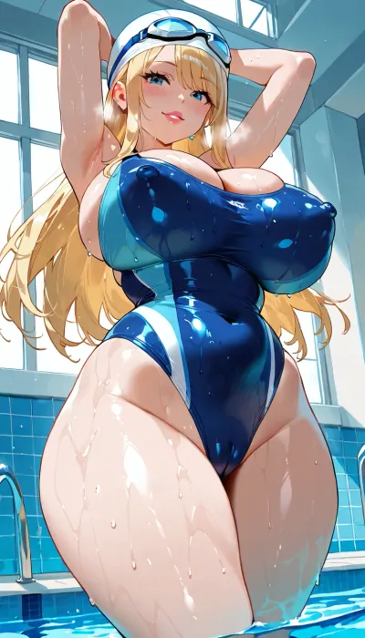 view from below, bimbo, standing in a pool, arms up, (erotic pose), seductive gaze.

very beautiful face, full lips, blue eyes, round breasts, (giant heavy breasts), bulging cleavage, cameltoe, erect nipples, wide hips, thick thighs, huge ass, curvy body type, big smile, excited.

blue one-piece swimsuit, swim goggles, swim cap, chocker.

pool, indoor, swimming competition.