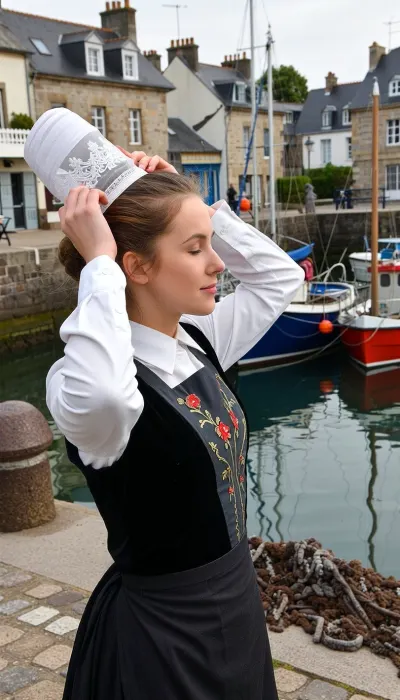 Au premier plan, une jeune femme bretonne de 22 ans, au visage ovale et délicat, aux yeux clairs plissés par une expression apaisée, se tient debout sur le quai en dalles de granite d'un petit port traditionnel du Finistère. De ses deux mains levées aux doigts gracieux, elle réajuste délicatement les rubans de sa haute coiffe bretonne en dentelle blanche translucide, la kapenn, fixée sur ses cheveux bruns soigneusement tirés en chignon. Ses coudes relevés créent une posture naturelle et vivante. Elle porte un costume traditionnel du Cap-Sizun composé d'un gilet cintrée en velours noir d'une texture mat profonde, porté sur un chemisier en lin blanc au col montant rigide, et d'un tablier en soie sombre brodé au plastron de fins motifs floraux filés d'or et de rouge.

Son corps est orienté de trois-quarts vers le port qu'elle contemple. Devant elle s'étend un petit bassin portuaire typique à marée haute, où flottent plusieurs petites barques de pêche traditionnelles en bois, peintes en bleu marine, en blanc et en rouge vif. Leurs mâts en bois brut et leurs cordages projettent de longs reflets dans l'eau calme, à peine ridée par une brise matinale. La jetée en grosses pierres de granite sombre, tapissée de goémon brun et de petites moules sauvages sur sa partie basse, encadre le bassin et s'avance vers une mer paisible bordée d'un filet de brume marine matinale.

En arrière-plan immédiat, le cœur du petit village côtier s'aligne le long du quai, une rangée de petites maisons bretonnes anciennes en pierres de granite apparentes, aux toits d'ardoise bleue pentus et aux cheminées épaisses. Les façades en moellons anciens sont ornées de volets en bois peint en bleu charrette et en blanc, dont certains sont encore mi-clos. Au rez-de-chaussée d'une des bâtisses, la vitrine d'un petit commerce local arbore un store banne en toile rayée. Au loin, le clocher ajouré en pierre d'une petite église de village dépasse des toits en ardoise.

La lumière rasante et dorée d'un soleil levant de 7 heures du matin inonde toute la scène, frappant de biais le profil de la jeune femme, le blanc éclatant de la dentelle et les façades du village. La brume légère de l'aube se dissipe doucement sous les premiers rayons chauds. La prise de vue est réalisée strictement à hauteur d'yeux avec une focale neutre de 50mm, offrant une grande profondeur de champ où chaque élément reste parfaitement lisible. Piqué chirurgical sur les alvéoles de la dentelle, les coutures du velours, les grains du granite, la texture du bois peint des bateaux et les ridules de l'eau. Rendu couleur Kodachrome riche, contrastes naturels, atmosphère authentique, limpide et lumineuse d'un réveil villageois au bord de l'eau.
