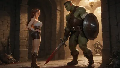 masterpiece, best quality, absurdres, newest, highres, very aesthetic, 1girl, 1boy, mature female, adult, nsfw, athletic, toned, medium breasts, long hair, brown hair, amber eyes, beautiful detailed eyes, sweaty, bandage on arm, leather armor, leather skirt, boots, holding sword, holding shield, standing, ready stance, looking at another, blood on sword, blood on armor, mature male, orc, boar features, tusks, muscular, huge penis, half-erect, standing in doorway, dungeon, stone columns, slime, puddle, torchlight, cinematic lighting, from side, full body, intricate details, detailed face, detailed hands