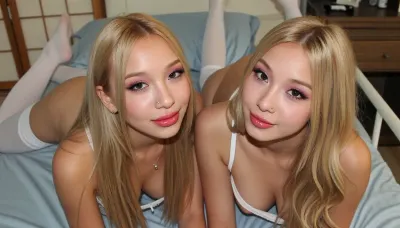two girls, 18+, girl, petite, young body, young face, long straight blonde hair, pink makeup, glossy pink lips, (pierce face studs), (freckles on face), (both eearing sexy nurse lingerie), (cute), asian, korean, 18yo, long blonde hair, wavy hair, small body, slim, narrow waist, small chested, (pale skin), (happy), thick eyeliner, (sexy), white stockings, laying on stomach, ass up, very small ass, sexy posing, above view, perky breasts, facing viewer, on a sickbed in a japanese hospital