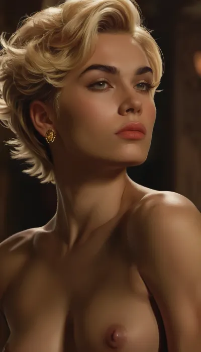 Hyper-realistic cinematic, (fullbody:1.5), portraing a stunning young latina noble slutty whore, (Caucasian-like face:1.5), (feminine newhalf:1.5), (sharp jawline:1.5), (round chin:1.5), (prominent high and sharp cheekbones:1.5), (fine elegant straight antique nose:1.5), (full pouty lips:1.5), (piercing almond-shaped amber eyes:1.5), (pierced septum:1.3), septum ring, (short blonde undercut hair:1.5), (intense and seductive gaze:1.3), (athletic feminine body:1.5), (newhalf tits:1.5), high-fashion model aesthetic, flawless sun-kissed skin texture, soft studio lighting with dramatic shadows, 8k resolution, masterpiece., uberfit, muscular, athletic, Art, by, Boris, Vallejo, Style, style, of, Alex, Ross, <lora:uberfit_lora_sdxl:.8>, <lora:Fantasy_art_XL_V1:.8>, <lora:tbh234-sdxl:.8>