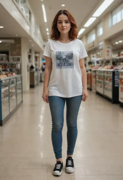 A photorealistic cinematic scene of a 25-year-old adult woman with a beautiful, naturally ovwe sized figure, red hair, going casually inside a modern city shopping mall. She is wearing comfortable jogger pants and an oversized colorful casual T-shirt. She has a natural, friendly appearance and a relaxed, candid expression. Her clothing falls naturally over her body with realistic folds and fabric texture, preserving her natural body shape. Modern mall interior, shops and storefronts in the background, polished floor, soft indoor lighting, realistic reflections, natural skin texture, realistic fabric physics, candid photography, full-body composition, natural proportions, high detail, photorealistic. Her clothing falls naturally over her body with realistic folds and fabric texture, preserving her natural body shape., <lora:Chubby BBW - XL:2>