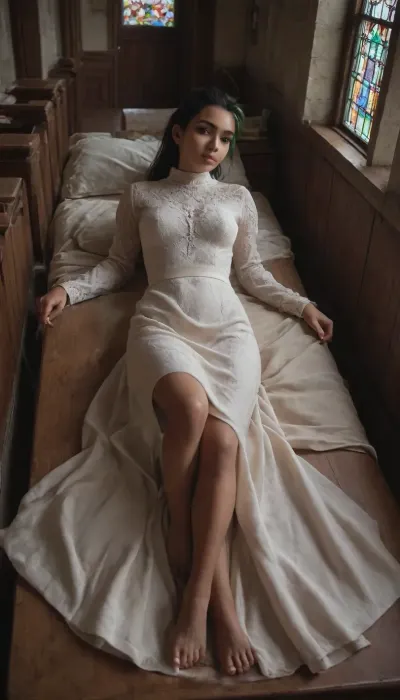 (Nemona from pokemon), masterpiece, highly-detailed, hyper-realistic, score_9, score_8, score_7, realistic details. Innocent church-goer nemona in modest dress. Long sleeve dress. Laying on church pew