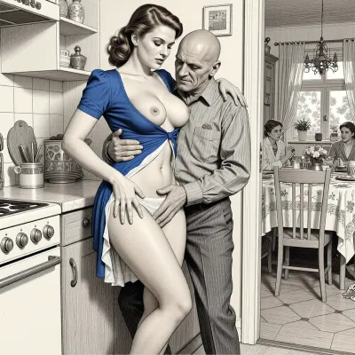 This is a detailed monochromatic pencils drawing in a classical illustrative style depicts a scene set in USSR in 1960s, Beautiful sexy brown elegant hairstyle milf stands with her back against the wall in a in Soviet kitchen, one of her legs is raised and bent at the knee, unbuttons at the chest blue dress pulled up high, married woman, ((the hem of the dress is pulled up:1.7)), ((her white panties is visible under hem of her dress)), developed saggy breasts, She hugs a bald old man with one arm, fully clothed lustful bald old man in shirt and trousers who touchs her crotch with his hand by fingers into her panties, (fingering:1.5), seductive face, lustful mocking smile on old man's ugly face, the Soviet apartment with festive tableis with people sitting at the table visible through the open kitchen door, The overall mood is intense, rendered in fine, expressive line work and subtle shading, evoking the style of 1950s satirical or moralistic illustrations.