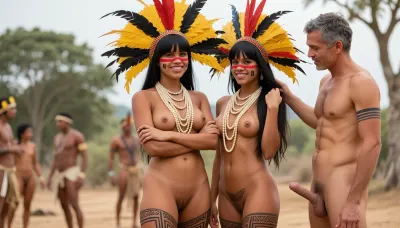 (full body view), A realistic photograph of two indigenous Brazilian women standing in traditional tribal attire, captured using a professional film camera with a 50mm lens at f/2.8 to create a shallow depth of field. The primary subjects wear expansive fan-shaped headdresses made from brilliant yellow and black parrot feathers, crowned by long red plumes. Their dark hair is long and straight, featuring thick, blunt bangs across the forehead. Their facial ornamentation consists of a thick horizontal red stripe painted across the bridge of the nose and eyes, paired with small black geometric markings on the cheeks. Multiple heavy strands of cream-colored beaded necklaces drape over their chests, providing a bright contrast to their warm, sun-kissed skin. both women's completely hairless vaginas are clearly visible. their outer thighs are marked with complex, dark geometric line patterns that extend down to the knees. The woman on the left stands with her arms crossed over her chest, facing the camera with a carefree warm smile. The woman on the right is positioned slightly to the side, adjusting her hair with a sweet shy smile. The lighting is bright, natural, and diffused, creating soft highlights on their shoulders and the texture of the feathers. In the background, other members of the tribe are visible as blurred, out-of-focus shapes against a backdrop of muted green trees and dusty earth. The color palette is rich in earthy browns, vibrant yellows, and deep reds, reflecting a vintage documentary aesthetic with subtle film grain. The composition is a medium-wide shot that captures the full ornate headdresses and the environment, emphasizing the cultural significance of the attire. 8K ultra-detailed resolution, ethnographic portraiture, high-quality cinematic lighting, sharp focus on the subjects, and natural skin textures., (a male members of the tribe with erect penis stands slightly to the side, next the women, the very old indigenous Brazilian man with grey hair a gray beard is looking lovingly to the women, The man places his hand on the shoulder of one woman.)