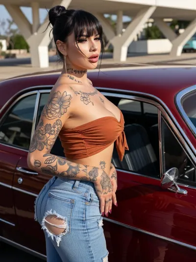 A sunlit outdoor fashion portrait of a heavily tattooed curvy woman with fair skin and jet-black hair standing beside a vintage maroon classic car, her body angled in a three-quarter turn so her full bust and the tight curve of her hip press toward the viewer while she looks back over her left shoulder with a cool, slightly parted-lip expression. Her face is fully visible, sculpted with bold makeup, sharply winged black liner, long dense lashes, softly contoured cheeks, and glossy deep burgundy lips, a few wispy black bangs falling across her forehead while the rest of her hair is twisted into a high messy bun with loose strands at the nape. Extensive black-ink tattoos cover her neck in script and ornamental shapes, a large pale flower blooms across her left shoulder and upper chest, both arms and both hands are densely tattooed with traditional and illustrative work, and more ink runs along her exposed side. She wears a rust-brown off-the-shoulder crop top made of lightweight gathered fabric, the elastic neckline pulled down to sit below her collarbones and across the upper swell of her breasts, short puffed sleeves ending mid-bicep, and a small fabric tie knotted at the center of the bust. Below it she wears tight light-to-medium wash blue skinny jeans that cling to her hips and thighs, a large frayed rip torn through the back of the right thigh so a patch of bare skin shows through the hole, the denim sitting snug across her buttocks as she leans her right hip against the car. Her tattooed hands are clasped together in front of her waist, dark burgundy nails visible, and a long thin dangling earring hangs from her left ear. The car is a restored 1960s American coupe in deep oxblood maroon with a wide chrome window frame, polished bodyline trim, and a black interior whose vintage thin-rim steering wheel and dash are visible through the open window. Behind them rises a pale concrete overpass of angled beams and pillars under a bright washed-out sky, the pavement of a parking lot stretching into sunlit haze. Warm directional daylight from the left rakes across her face, the rust fabric of the top, the inked skin of her arms, and the glossy maroon paint and chrome of the car, creating hard highlights on the metal and soft modeling on her bust and waist. The photograph is a vertical mid-length frame shot with an 85mm portrait lens at a moderately wide aperture around f/2.8, keeping her face, tattoos, the gathered cotton of the top, and the frayed denim rip in crisp focus while the concrete structure falls slightly softer. Color palette is built from oxblood car paint, rust-brown crop, faded blue denim, black hair and ink, warm fair skin, and sun-bleached concrete. Surfaces read as gathered matte cotton, tight worn denim with fuzzy white tear edges, detailed tattooed skin, lacquered burgundy lipstick, and polished chrome against dusty maroon enamel. The mood is pin-up, alternative, and unapologetically sensual