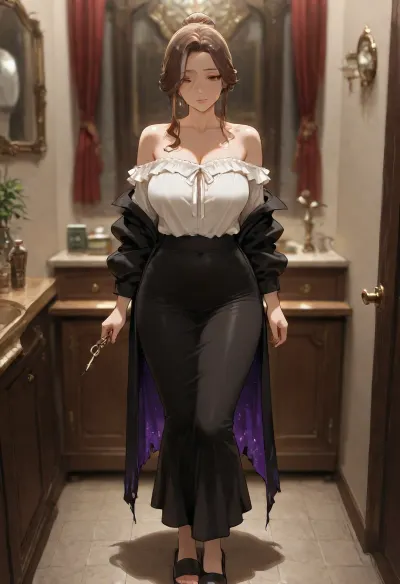masterpiece, best quality, absurdres, newest, highres, very aesthetic, 1girl, solo, mature female, adult, nsfw, gray-streaked brown hair, hair bun, tired brown eyes, visible age, thin frame, medium breasts, dark housecoat, blouse, long dark skirt, slippers, standing, full body, holding keys and worn account book, stiff shoulders, reception counter, old parlor, cracked velvet couch, ornate mirror, cobweb, drawn curtains, overcast indoor light, depth of field, detailed face, highly detailed