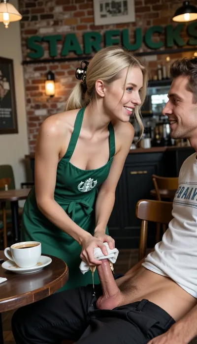 Hyper-realistic 8k UHD masterpiece, wide angle side view, small Polish waitress with a round face, fine smooth features, dainty slender nose, thin delicate lips, radiant sparkling steel-blue eyes, genuine winning smile with deep charming cheek dimples, pale blonde hair clamped at the nape with a large clip, loose strands framing face, wearing only a green bib-apron with "STARFUCKS" logo, bib barely covering nipples, tops of breasts visible, bent over a man sitting at a table, perky breasts hanging down under the bib, holding a rag drying spilled coffee from the man's open pants and erect penis, man's t-shirt slightly raised, tipped over coffee cup on table, coffee dripping from table edge onto man's crotch, intense romantic eye contact with each other, shy smile, eclectic Berlin café interior, exposed brick, large green "STARFUCKS" sign on wall, vintage furniture, soft atmospheric lighting, incredible skin texture, pores, natural lighting, photorealistic, cinematic composition, sharp focus, highly detailed.